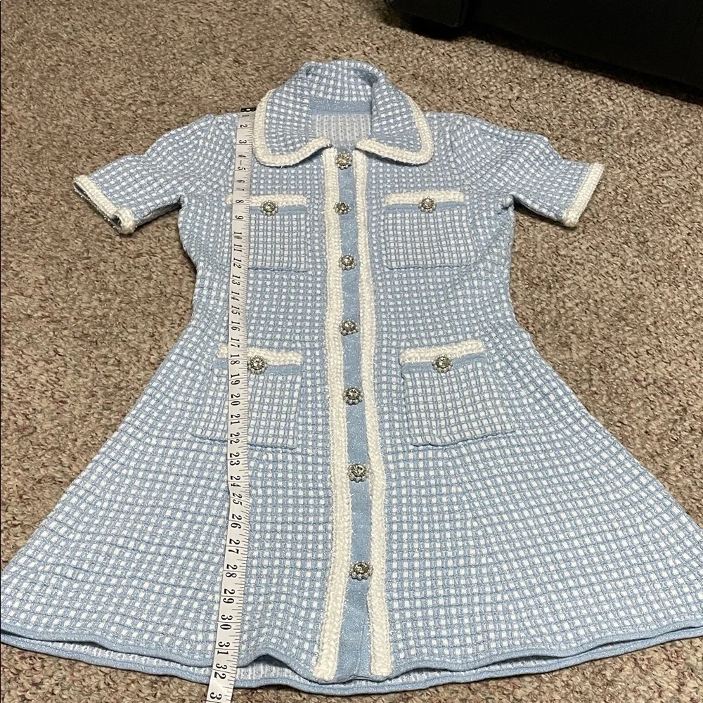 Blue and White check knit boucle ultra stretchy Dress with pearl/diamond buttons - Picture 7 of 10